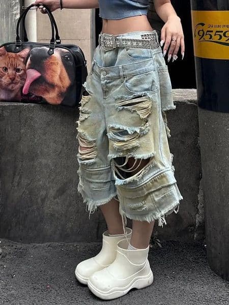 Retro Double Waist Wash Old Ripped Jeans for Women Fashion Street Wideleg Cropped Pants Harajuku Y2K Shorts 250828BJ