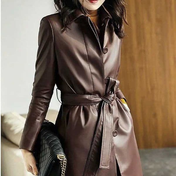 Womens Medium and Long Hepburn Style Haining Leather Jacket Extended Soft Leather Trench Coat Womens Fashion Brown Leather Top Z250828