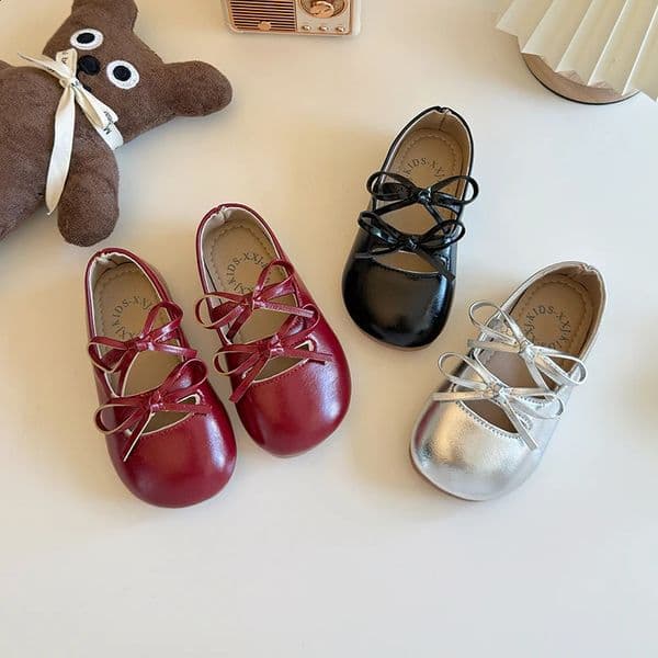 Girls Leather Shoe for Party Wedding Classic Children Flats Princess Shoes with Bowknot Fashion Kids Black Ballet Shoes 250827BJ