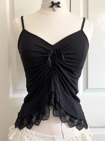 Grunge Punk Gothic Aesthetic Womens Casual Camisole Top Sexy Slim Fit Chic VNeck Bow Lace Solid Color Crop Tops Y2K Streetwear 250828BJ
