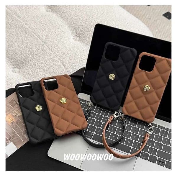 High-end Quilted Camellia Handbag Compatible with Apple 15 Pro/16 Warm Tone iPhone 14 Case