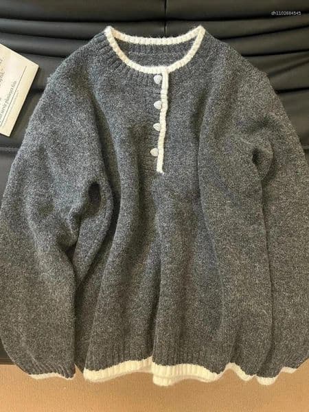 Women's Sweaters Grey Patchwork Knit Women Y2K Korean Loose Lazy Style O Neck Jumpers Fashion Autumn Warm All Match Pullovers Mujer
