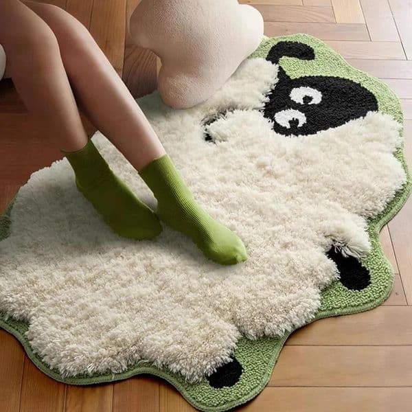 Carpets Cute Lamb Shaped Fluffy Rug Soft Faux Wool Carpet For Kids Bedroom Cartoon Animal Playroom Floor Mat Non-Slip Home Decor Gift