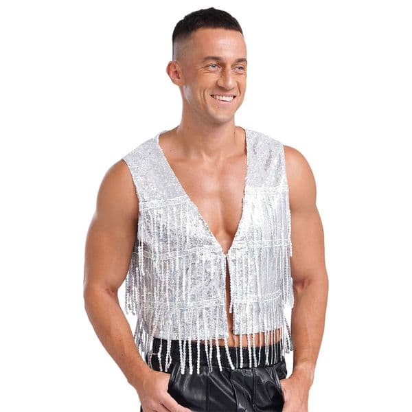 Men Shiny Disco Dancing Music Festival Club Vest Sequin Tassel Sleeveless Glitter Waistcoat Allover V Neck Open Front Tops 250829BANJIA