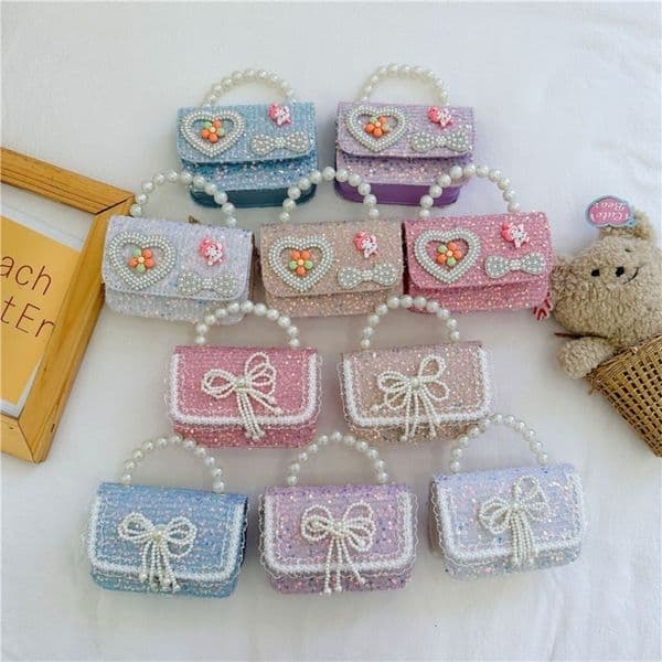 Korean Style Pearl Kids Handbag Lace Bow Princess Shoulder Messenger Bag Sequin Zero Wallet Pocket Pack 250829
