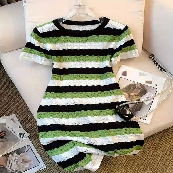 Colorful Striped Crew Neck Dress Chic Short Sleeve Bag Hip Mini Knitted For Spring Summer Womens Clothing 250828BJ