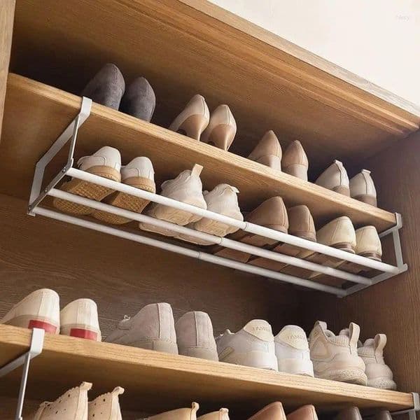 Hooks Adjustable Shoe Rack | Space-Saving Layered Organizer For Home Cabinets Under-Shelf Holder With Hanging Basket