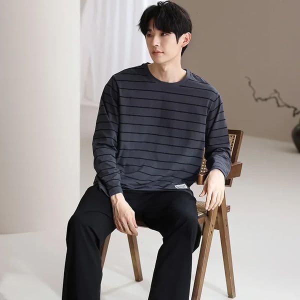 DoubleSided Cotton Sleepwear Set for Men round Neck Long Sleeve Long Pants Home Clothes Comfortable Breathable Mens Pajamas 250829BJ