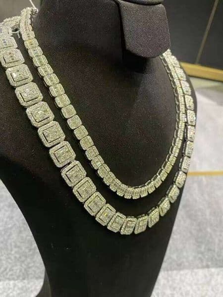 New Men's and Women's Square Necklace Sier Baguette Dia VVS Moissanite Cuban Chain