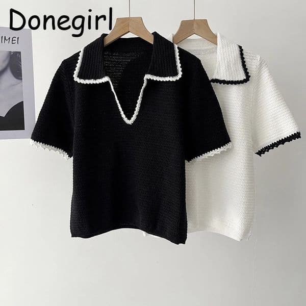 Womens T Shirts Polo Neck Shirt White Knit Short Sleeve Tee Top Summer 2025 250829BJ