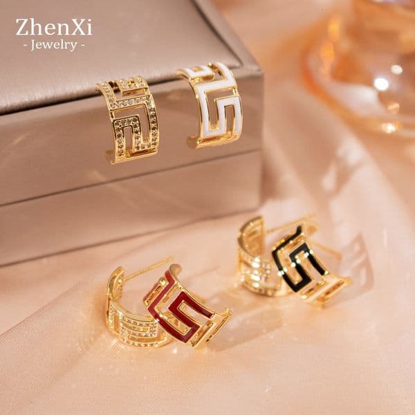 Real Gold Plated Oil Drop C-shaped Earrings Light Luxury Micro Luxury Designer Free Shipping Inlaid Hollow Design Asymmetric Exquisite Versatile Earrings