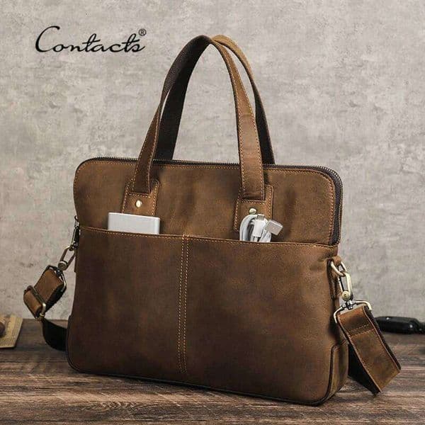 Contact's Genuine Leather Men Briefcase Vintage Laptop Handbag Casual Shoulder Bag Large Capacity Messenger For Book 13''16''