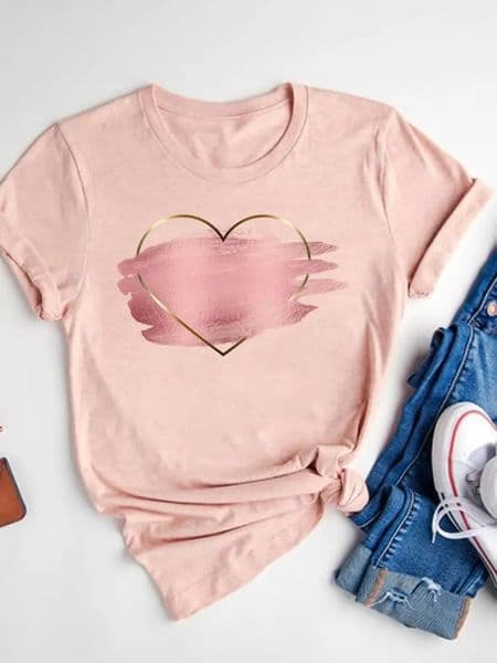 Watercolor Love Heart Sweet Fashion Short Sleeve Print T Shirt Tee Basic Clothing Summer Top Graphic Tshirt Women Clothes 250829BJ