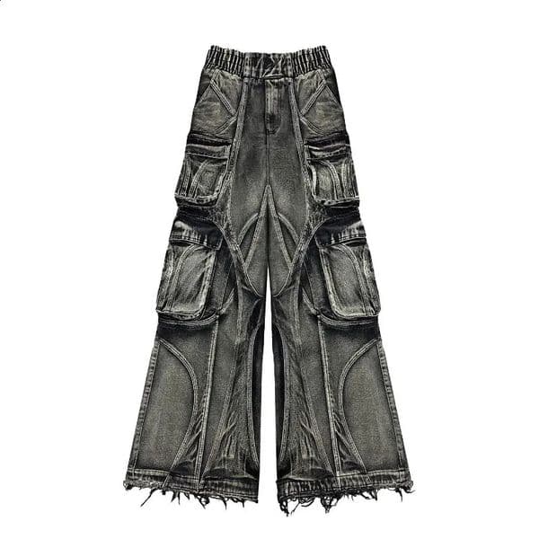 Y2K American Fashion Stitching Multi-pocket Heavy Washing Baggy Jeans Men Streetwear Vintage Rock Pop High Waist Trousers 250226