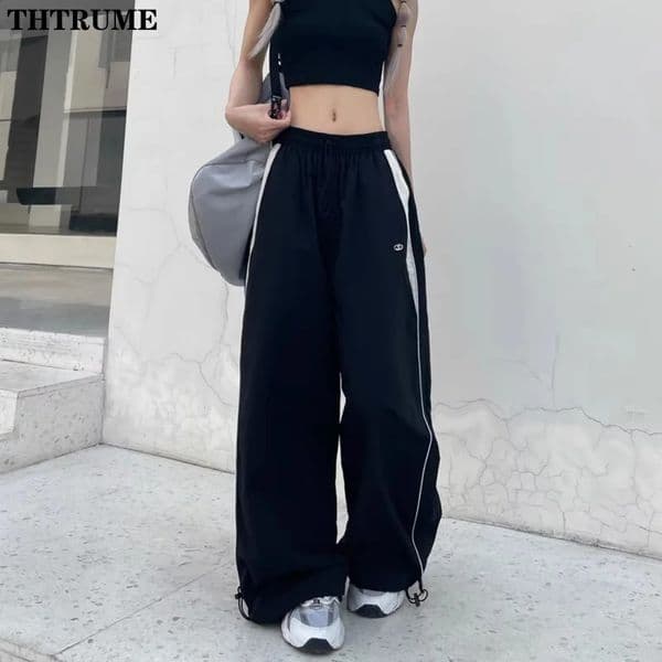Harajuku Vintage Baggy Pants For Women Fashion Striped Print Pocket Elastic Waist Cargo Trousers Casual Streetwear Wide Leg Pant 250228