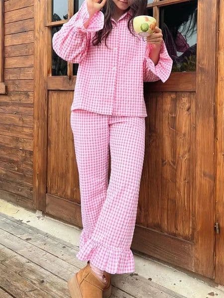 Womens Two Piece Outfits Set Long Sleeve Tie Front Top and Ruffled Wide Leg Pants Y2k Peplum Pajama Sets 250225