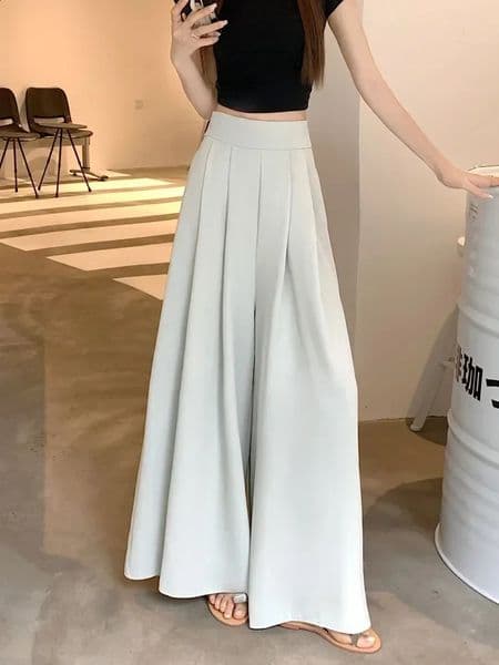 Summer Casual Elegant Basic Large Hem Wide Leg Skirt Pants Elastic Waisted OL Office Lady Trousers Loose Womens Clothing 250228
