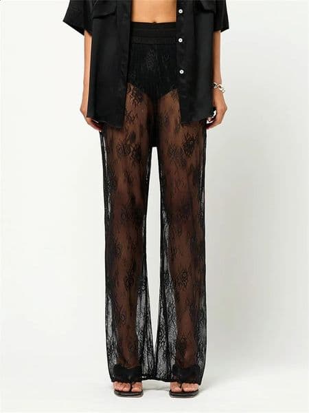 Women Lace Pants Flower See Through Elastic Waist Straight Leg Long Trousers Casual for Beach Club 250228BJ