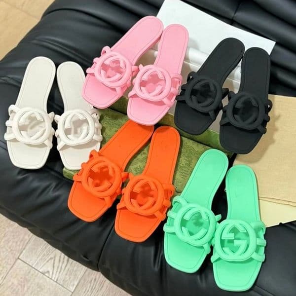 Designer Sandals Women Interlocking Slides Rubber Slippers Ladies Flat Beach Jelly Orange Summer Fall Mules Outdoor Waterproof Flip flops 2222