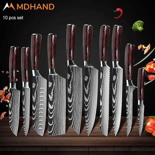 Kitchen Knife Set Damascus Pattern Stanless Steel Japanese Santoku Knife Cleaver Slicing Utility Knife 250226BJ