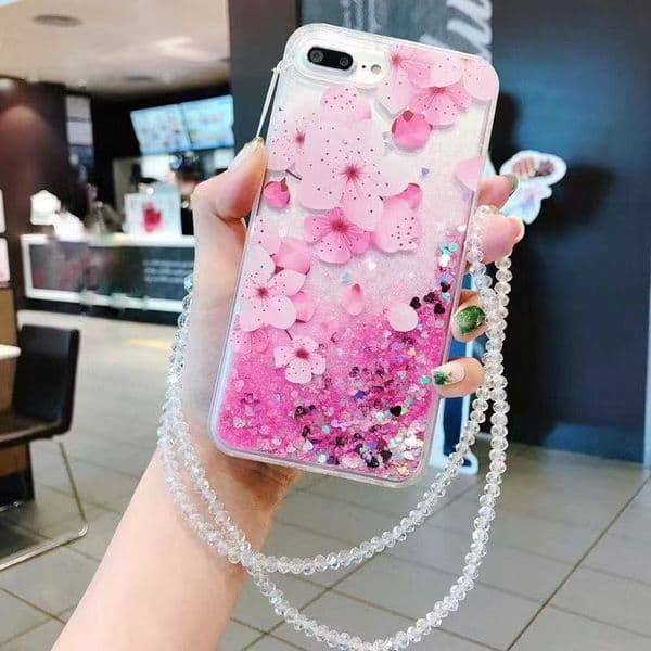Suitable for Flowing Sand Peach Blossom iPhone 16MAX Phone Case Hanging Chain XR Cute Pink Shiny Pink Apple 14pro Soft Case 8 Anti Drop 15 Fashion with Pearl Rope