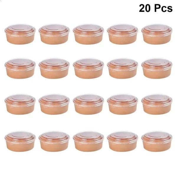 20pcs Bowls Paper Containers Lids With Soup Disposable Meal Cups Salad Food Kraft Box Cream Ice Snack Storage Candy Round Sundae 250224