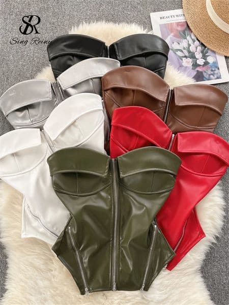 SINGREINY Strapless PU Leather Short Tank Top Fashion Zipper Slim Chic Backless Camis Ladies Streetwear Club Sexy Top250222BJ
