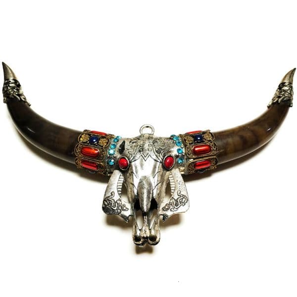 Real OX Horn Embedded Alloy Ox Head Handmade Buffalo Ornament Amulet Pendant Home Decor Accent Table Display w250228