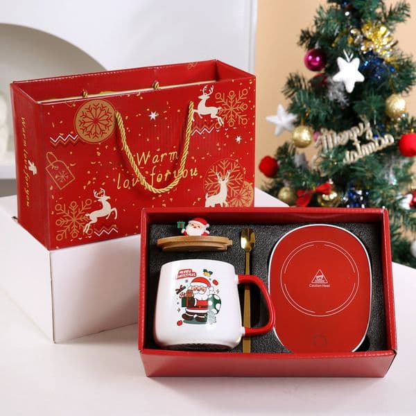 Christmas Gift Set Warm 55 Ceramic Mug with Lid featuring Santa Claus for Office or Home Use w250228BJ