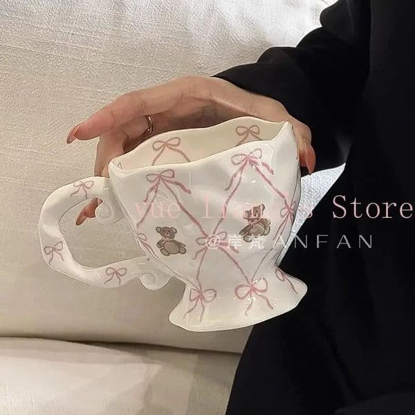 Bow Teddy Bear Ceramic Cup Original Super Cute Breakfast Coffee Pink Mug Handheld 250228