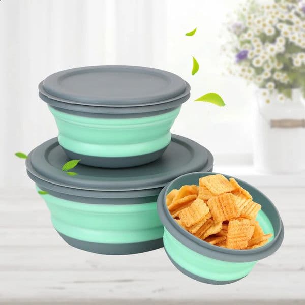 Folding Lunch Box Bowl Sets Silicone 3PcsSet Food Container Tableware Set Foldable Salad with Portable Lid 250228