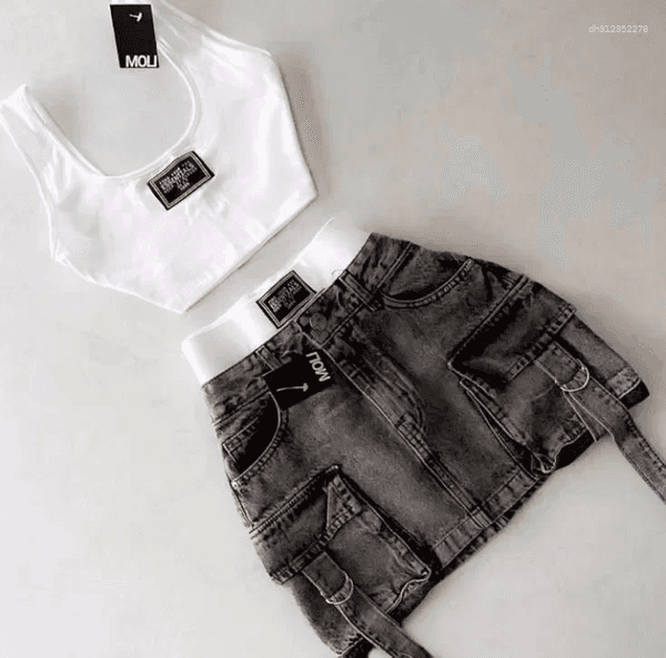 Women's Skirts Retro Sexy Girl Summer Vest Letter Print American Sweet Style Two-piece Set Low Waist Splicing Slim Denim Short Skirt