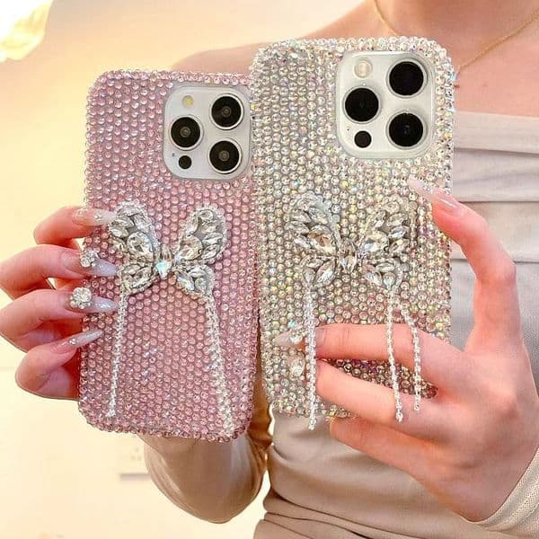 Luxurious Sparkling Diamond Cute Bow Snake Suitable for iPhone 16 Pro Max Handmade Diamond Apple 15/14 Pink Full Diamond Bow Tassel Phone Case