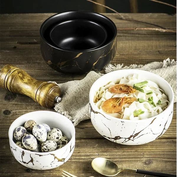 Nordic Style Marble Ceramic Bowl Home Tableware Set Porcelain Breakfast Rice Dinner Noodle Soup Round Bowls 250303