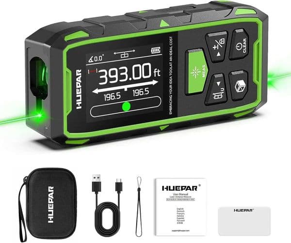 Huepar Dual Laser Measuring Tool - 393Ft Green-Beam Bilateral Digital Laser Distance Measure with Backlit LCD Display X250304