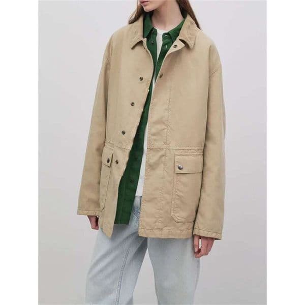 Women's Ribbed Turn-Down Collar Zipper Coat Simple Casual Female Safari Style Large Pockets Jacket Autumn Winter