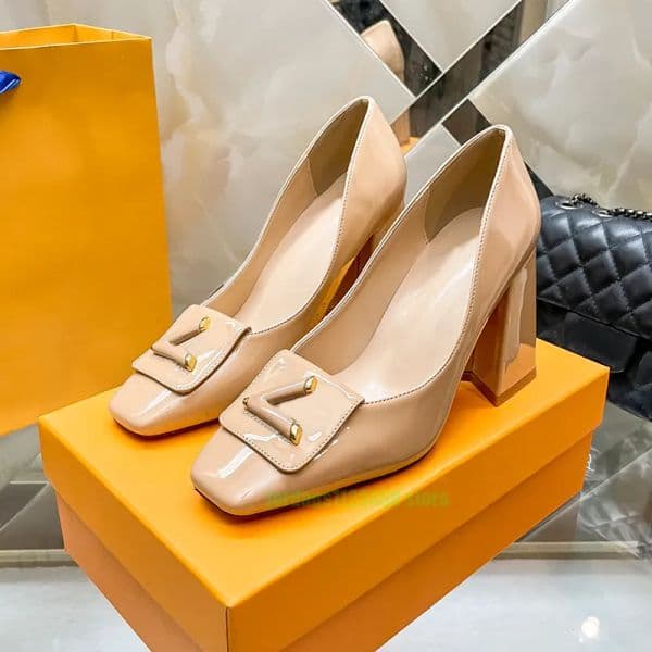 Designer dress shoe slingback sandal pumps women single shoes patent leather square headed block heels letter luxury elegant 75041