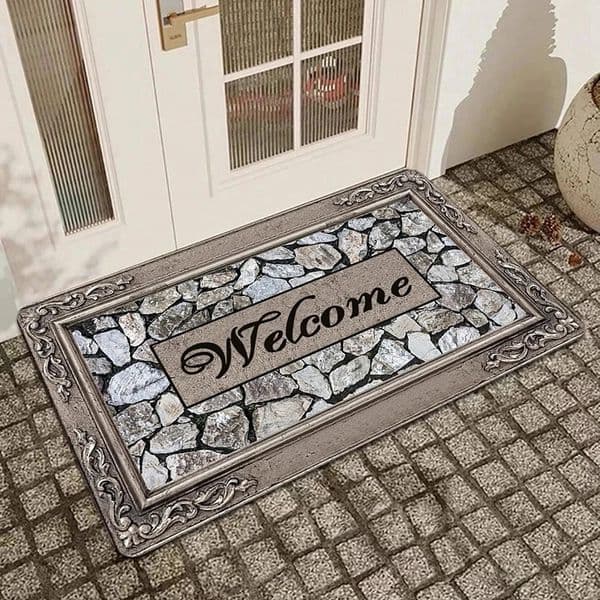 Pebble Print Letter Graphic Welcome Entrance Doormat Non Slip Bath Kitchen Carpet Home Bedroom Living Room Decor Washable Rug 250303