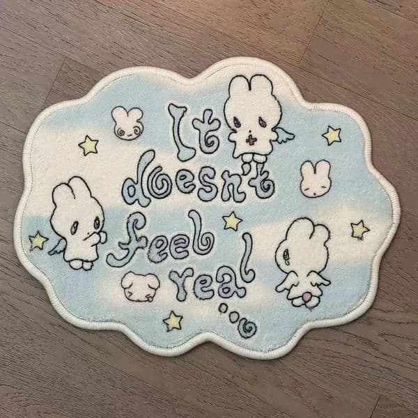 Cute Sky Blue Bunny Floor Mat Living Room NonSlip Girls Decoration Carpet Childrens Bedside Rug 250303