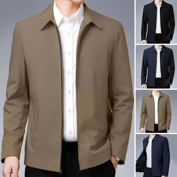 Men Jacket Elegant Mid-aged Mens Lapel Jacket with Zipper Closure Pockets for Formal Business or Casual Wear in Spring Fall 250303