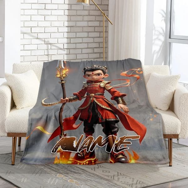 Carefully Crafted Flannel Blanket For Kids Featuring Nezha Cartoon And One Special Text Line w250304