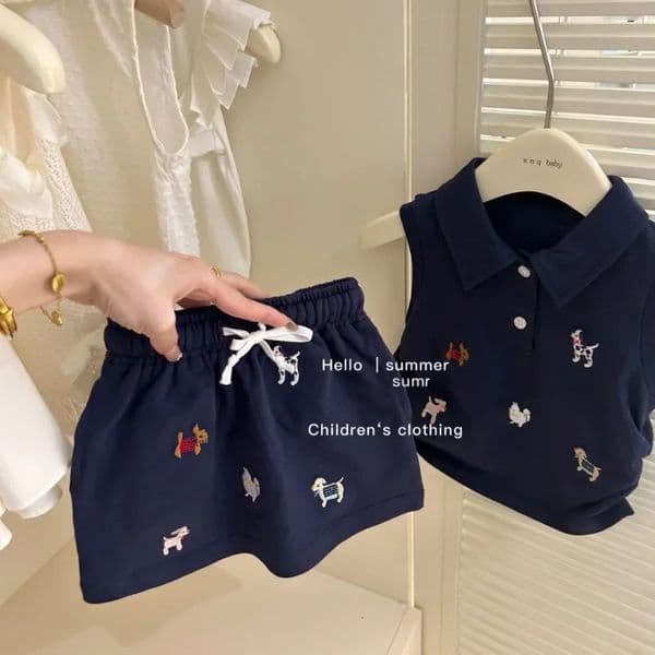 Summer Kids Baby Girls Clothes Cute Cartoon Dog Polo Shirt Skirt 2 Suits Toddler Kawaii Preppy Vest Set Cotton Sets 16y 250303
