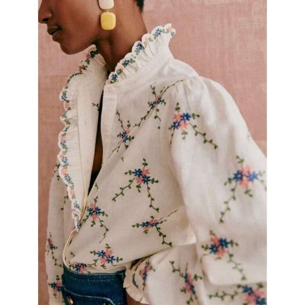 Womens French Stand Collar Ruffle Blouse 2025 New Autumn Long Sleeve Single Breasted Ral Embroidery Elegant Ladies Shirt Z260528