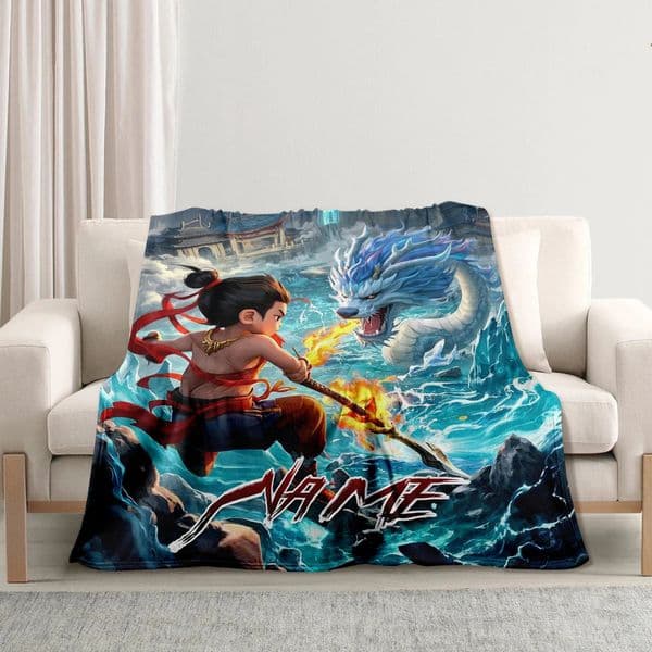 Nezha And Dragon Flannel Blanket With Personalized Text Soft Warm For Family Friends 250304