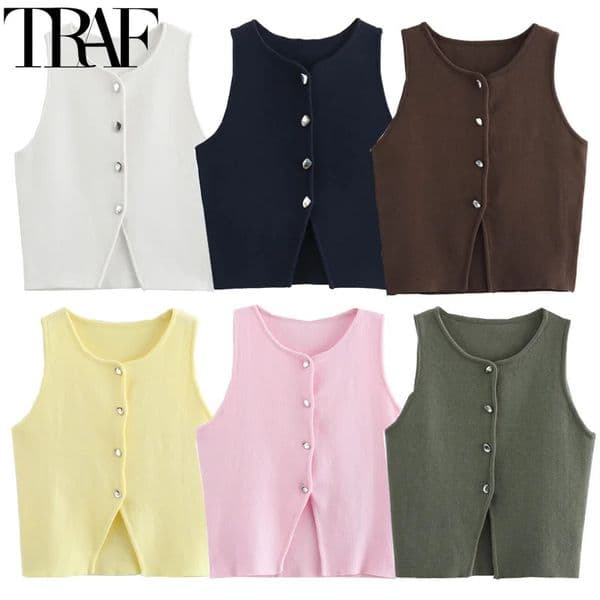 TRAF womens sweater vest cut knit sleeveless white blue autumn button ultrathin yellow 250226BANJIA