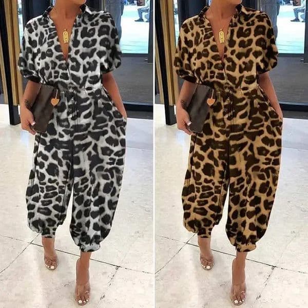 Summer Fashion V-Neck Button Lace-Up Jumpsuit Short Sleeve Loose Playsuit Overalls Women Elegant Leopard Print Pocket Rompers 250303