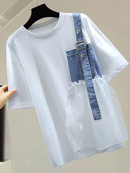 Spring Summer New Design Fashion Short Sleeve O-Neck T-Shirt Women's Denim Patchwork All-Match Black White Lades Tops