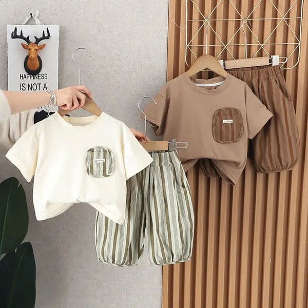 Summer Kids Baby Boys Clothing Suits Striped Short Sleeve T-Shirt Shorts Casual Clothes Outfit Infant Children Clothing 2PCS/Set 250305