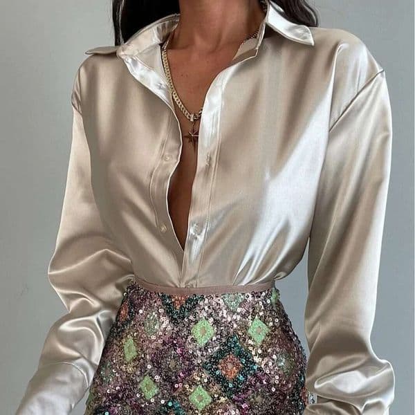 Elegant Slimming Lapellong Sleeve Button-Up Women's Wholesale European And American Style Slim Fit Silk Surface Shirt