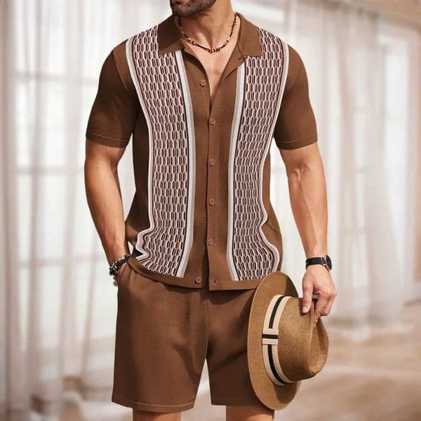 Summer mens y knitted track set casual short sleeved solid color shirtshorts 2piece 250305BJ